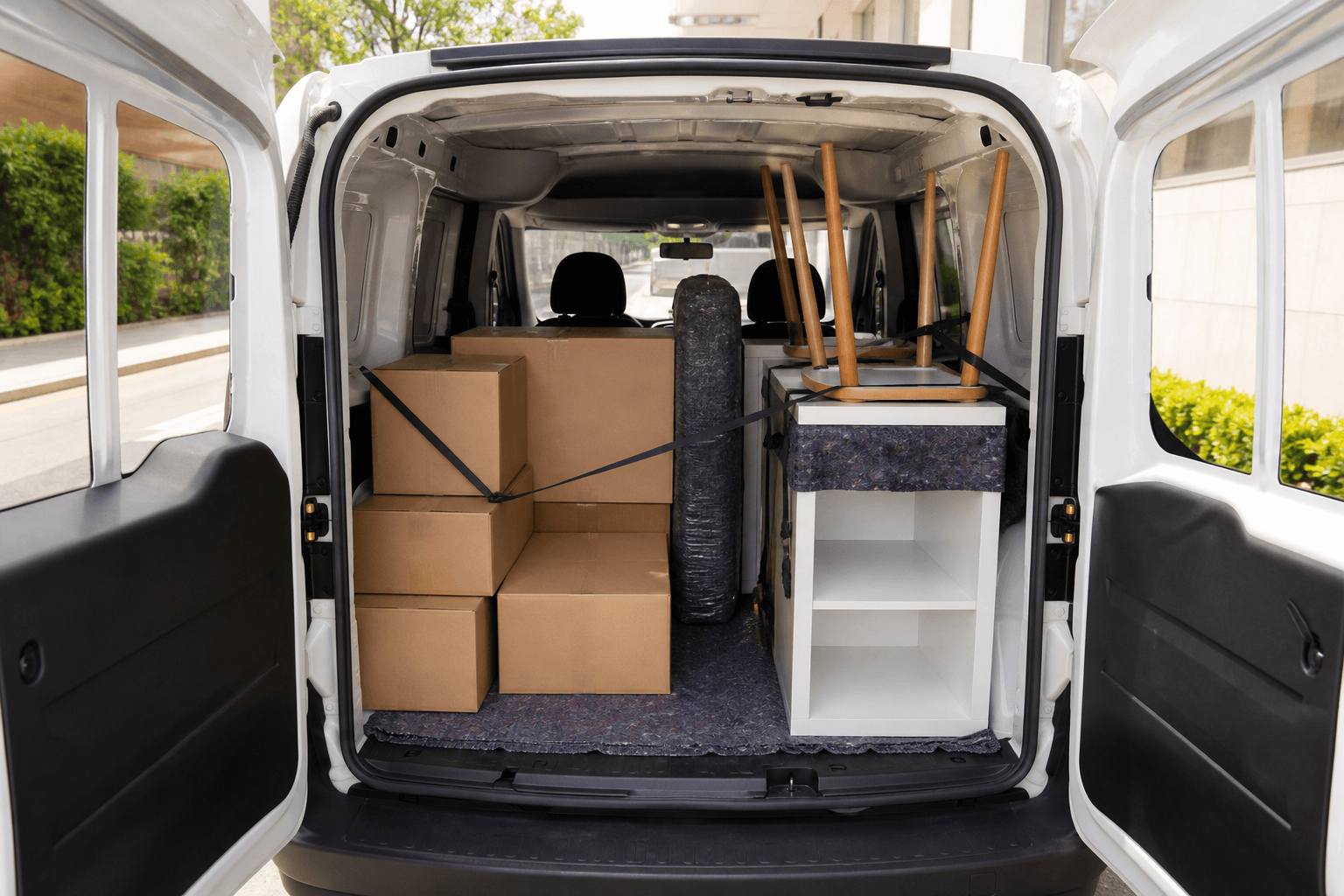 Carga organizada dentro de veículo utilitário branco