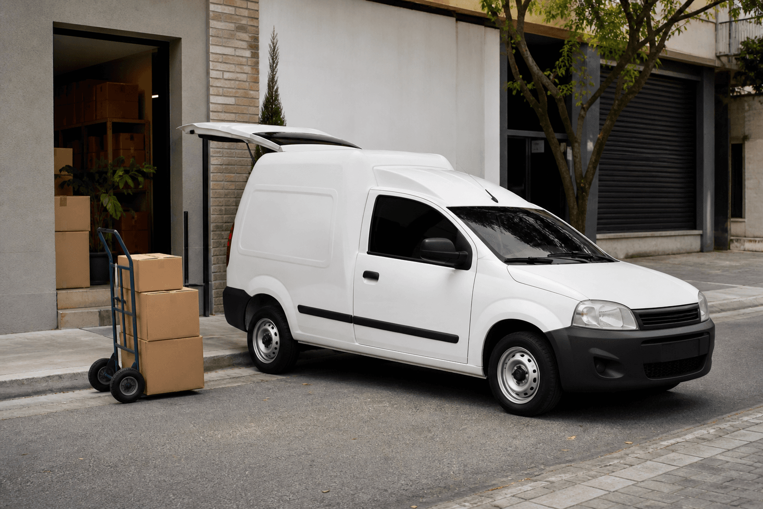Veículo utilitário branco em coleta comercial com caixas organizadas