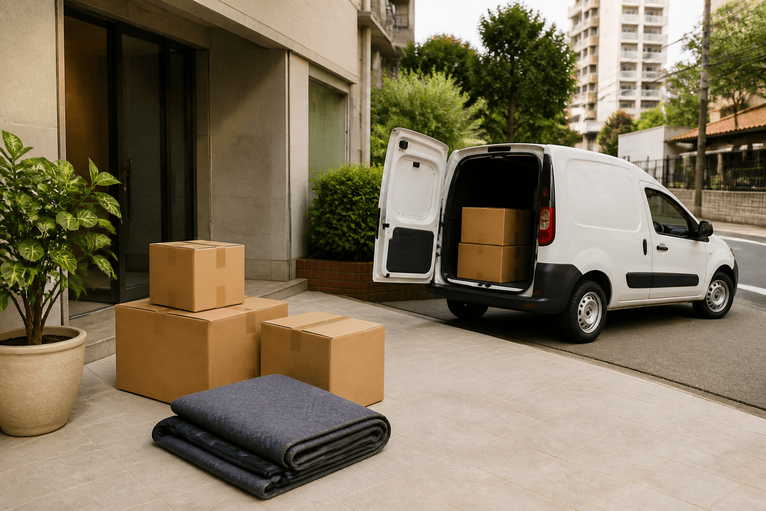 Entrega residencial com caixas e veículo utilitário branco